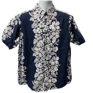VINTAGE Pineapple Connection Hawaii Floral Blue & White Button Up Shirt